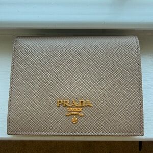 Prada Compact Saffiano Wallet in Taupe with Gold Logo